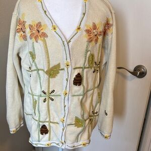 Storybook Knits Sunflower & Bees Floral Embroidered Cream Sweater size 1X
